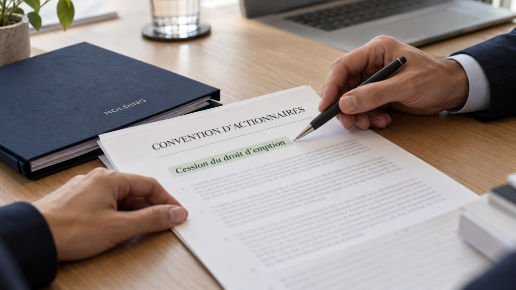 Convention d’actionnaires avec une clause de cession du droit d’emption, à côté d’un dossier « Holding »
