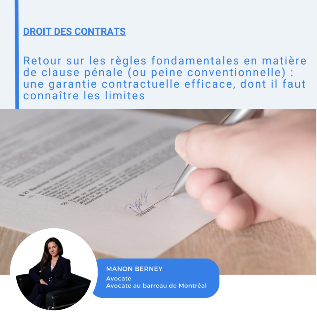 Visuel sur les règles et limites de la clause pénale, avec une signature de contrat et un portrait légendé Manon Berney